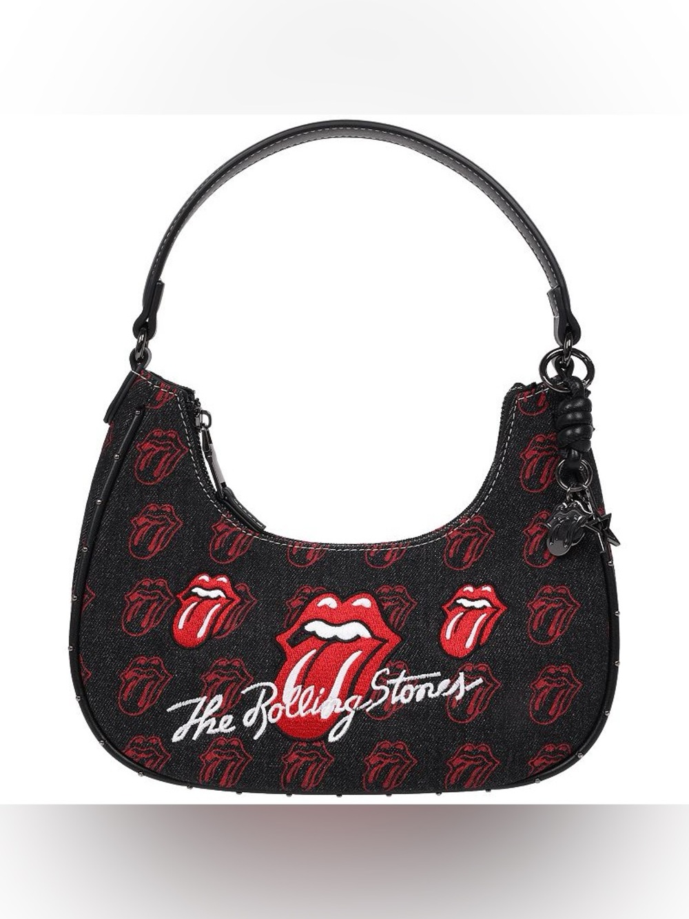 the Rolling Stones All-Over Tongue Logo Black Denim Hobo Bag